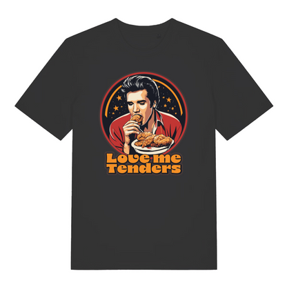 black funny graphic t-shirt with the graphic of a cartoon elvis eating fried chicken and the slogan 'love me tenders'