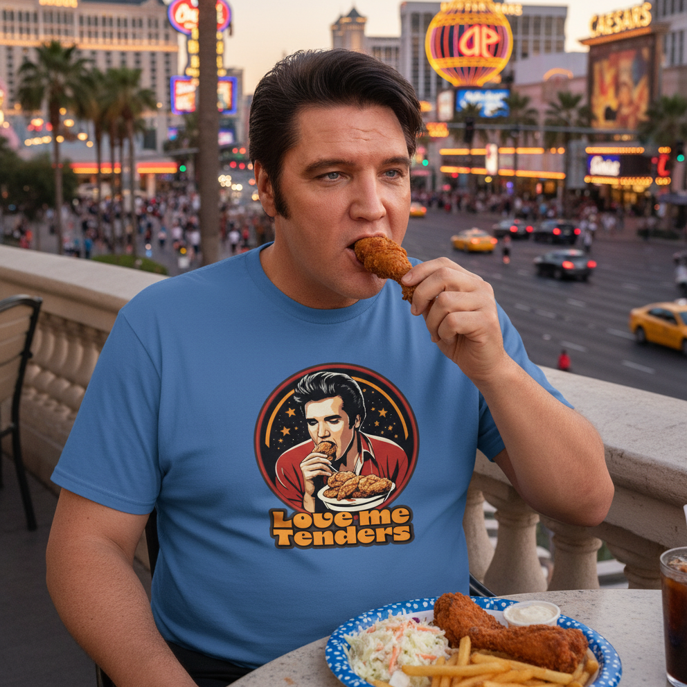 Man eating fried chicken in a Las Vegas setting with neon signs and a busy street.