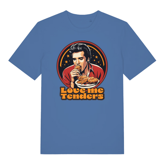 blue funny graphic t-shirt with the graphic of a cartoon elvis eating fried chicken and the slogan 'love me tenders'