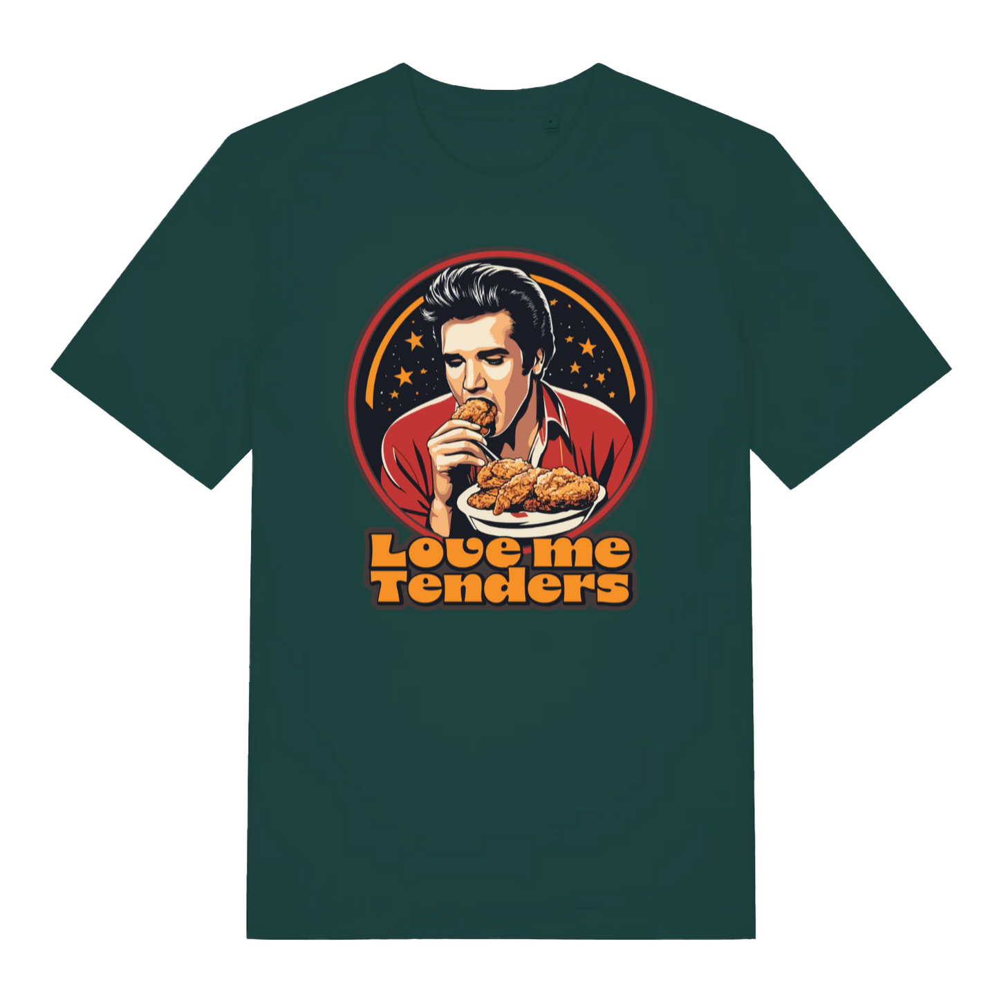 green funny graphic t-shirt with the graphic of a cartoon elvis eating fried chicken and the slogan 'love me tenders'