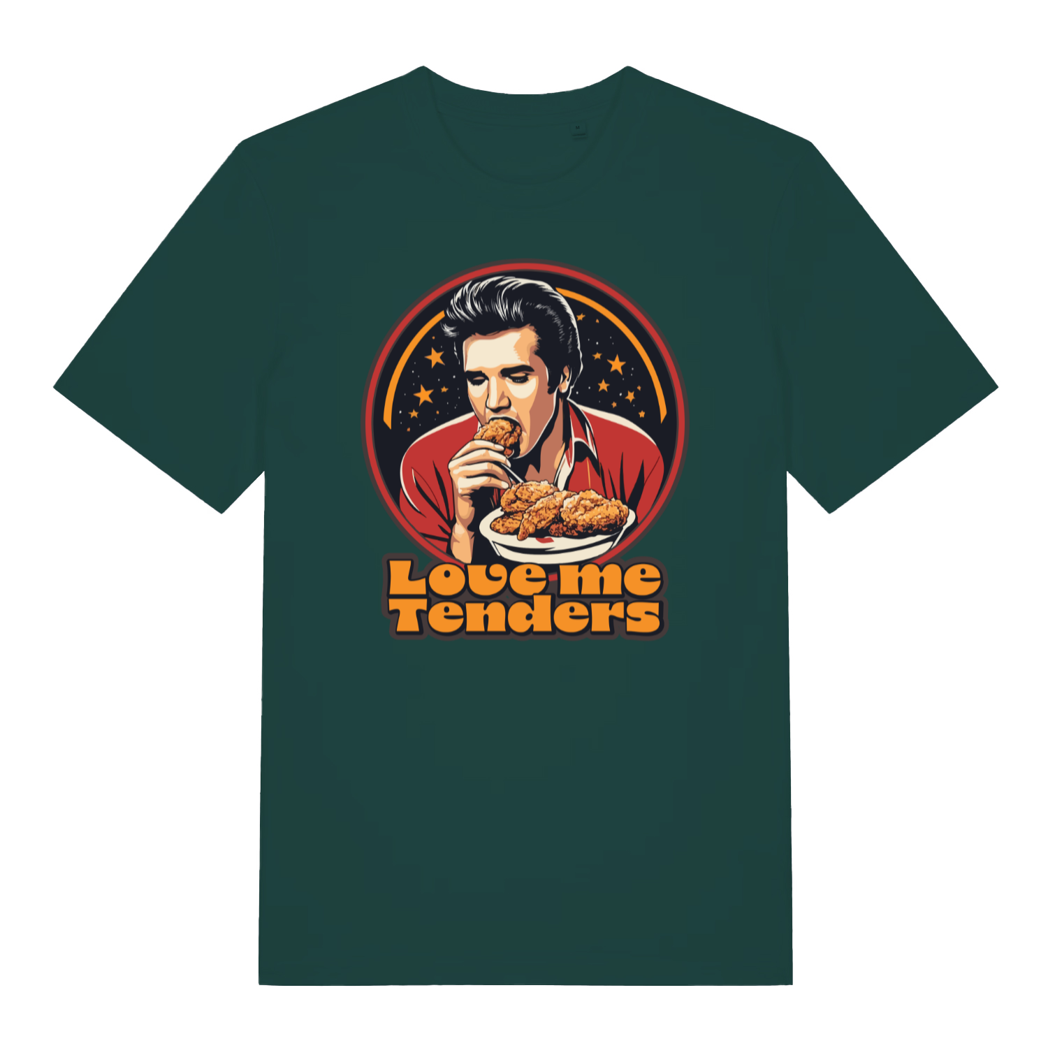 green funny graphic t-shirt with the graphic of a cartoon elvis eating fried chicken and the slogan 'love me tenders'