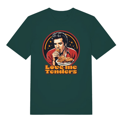 green funny graphic t-shirt with the graphic of a cartoon elvis eating fried chicken and the slogan 'love me tenders'