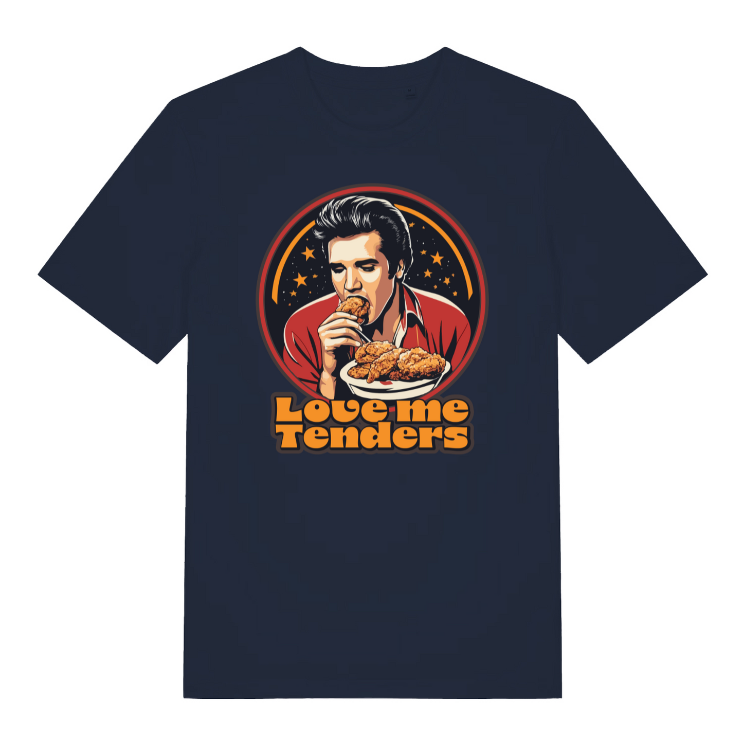 navy funny graphic t-shirt with the graphic of a cartoon elvis eating fried chicken and the slogan 'love me tenders'