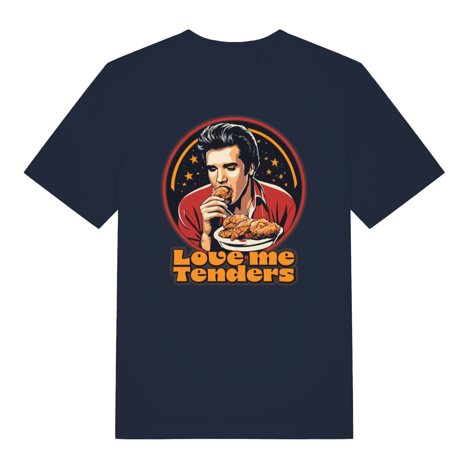 navy funny graphic t-shirt with the graphic of a cartoon elvis eating fried chicken and the slogan 'love me tenders'