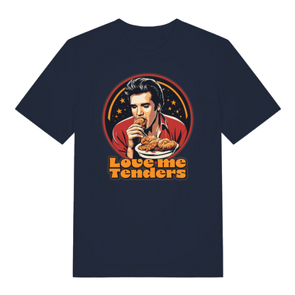 navy funny graphic t-shirt with the graphic of a cartoon elvis eating fried chicken and the slogan 'love me tenders'