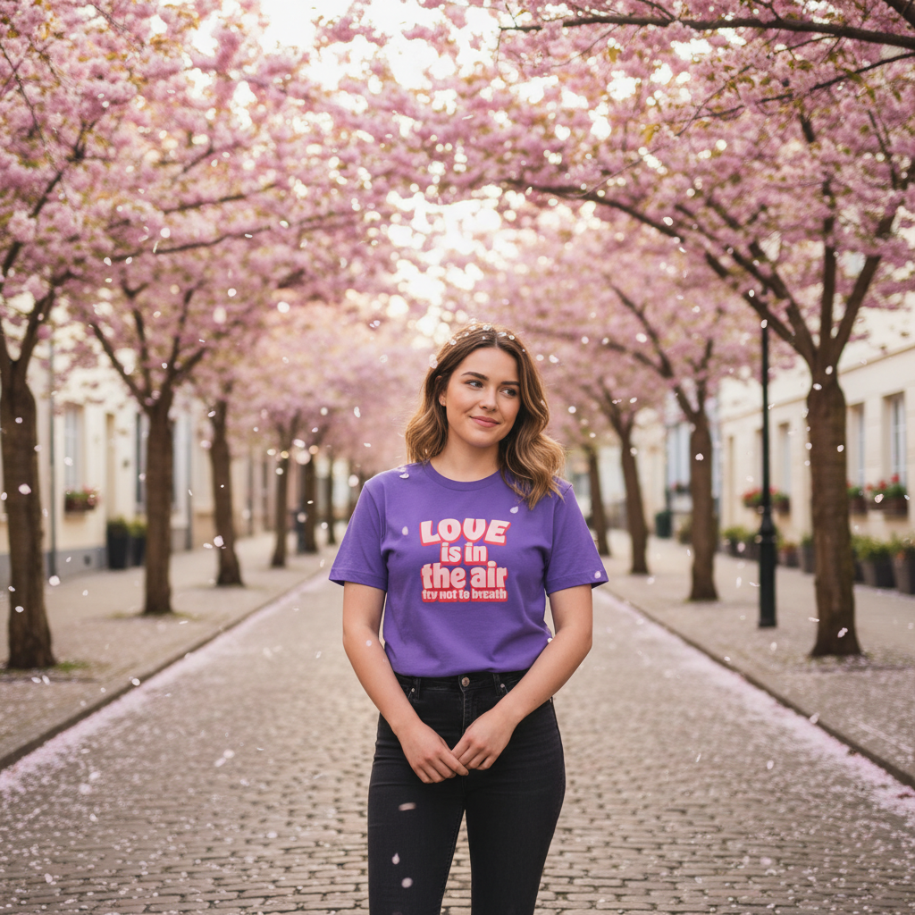 A woman in a purple shirt with "Love is in the air, try not to breathe" stands on a cobblestone path lined with blooming cherry blossoms, petals gently falling.