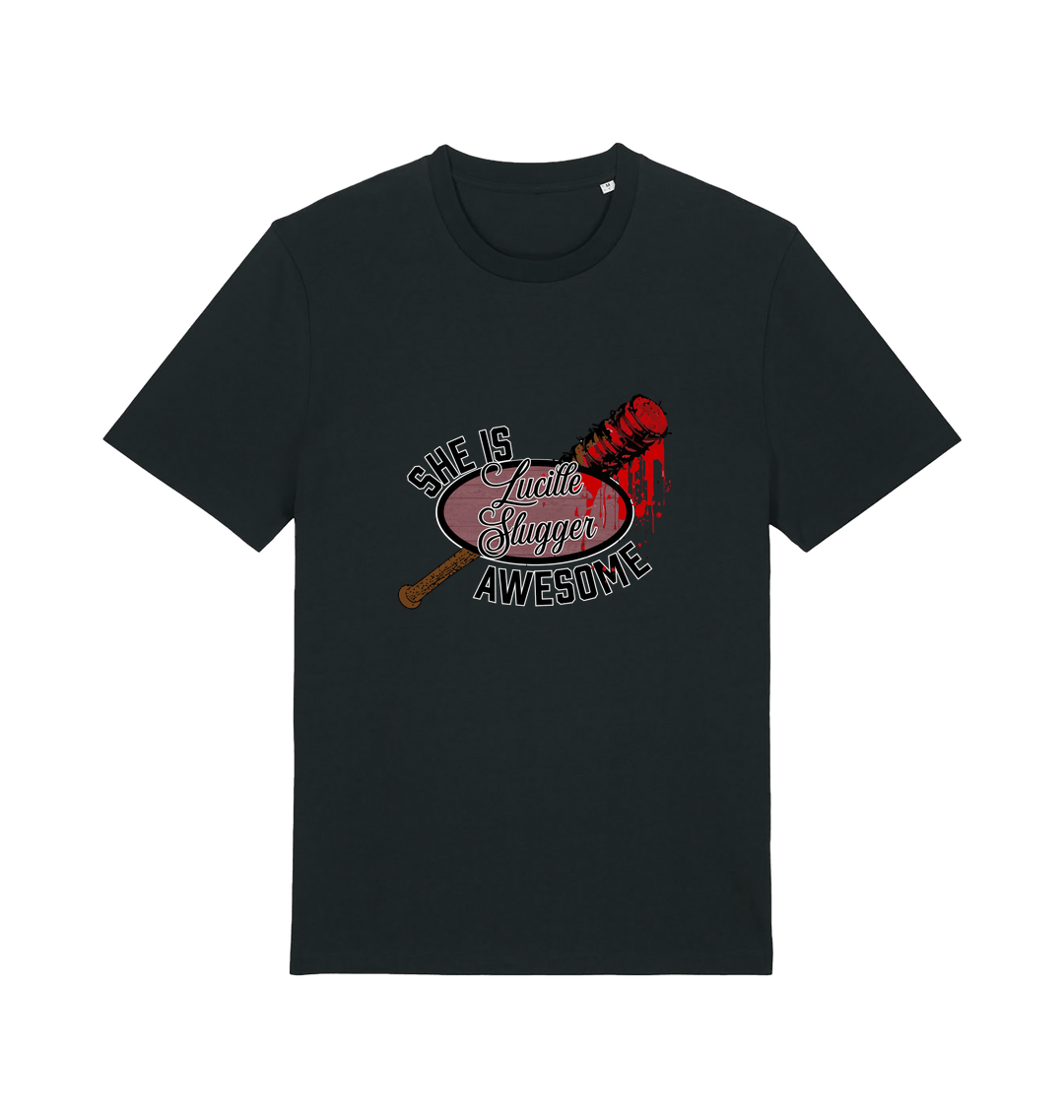 black graphic t-shirt with a baseball bat covered in blood and the slogan 'lucille slugger she is awesome'