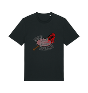 black graphic t-shirt with a baseball bat covered in blood and the slogan 'lucille slugger she is awesome'