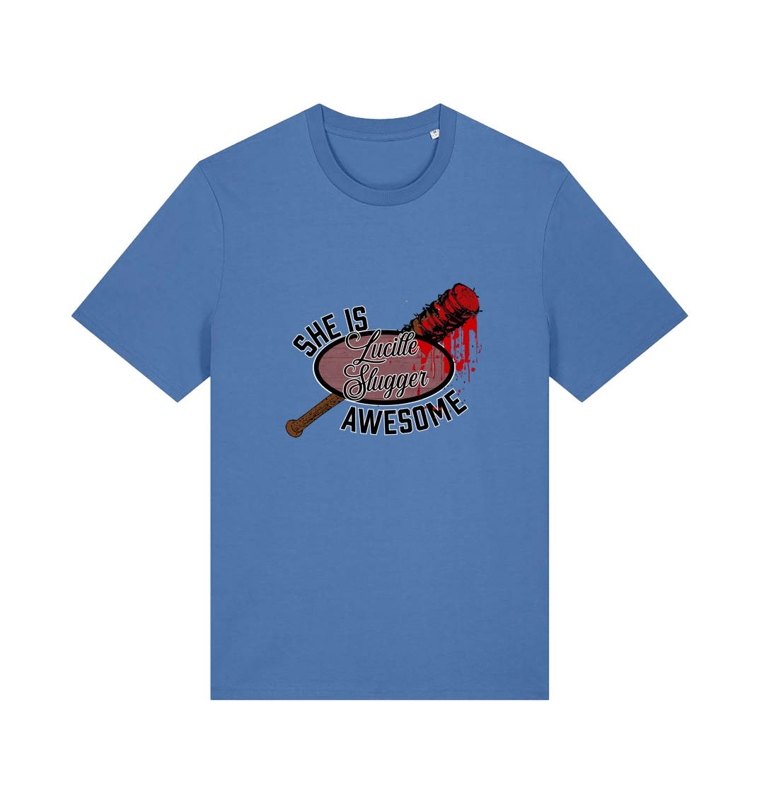 blue graphic t-shirt with a baseball bat covered in blood and the slogan 'lucille slugger she is awesome'