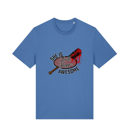 blue graphic t-shirt with a baseball bat covered in blood and the slogan 'lucille slugger she is awesome'