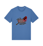 blue graphic t-shirt with a baseball bat covered in blood and the slogan 'lucille slugger she is awesome'