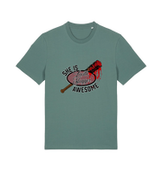 green graphic t-shirt with a baseball bat covered in blood and the slogan 'lucille slugger she is awesome'