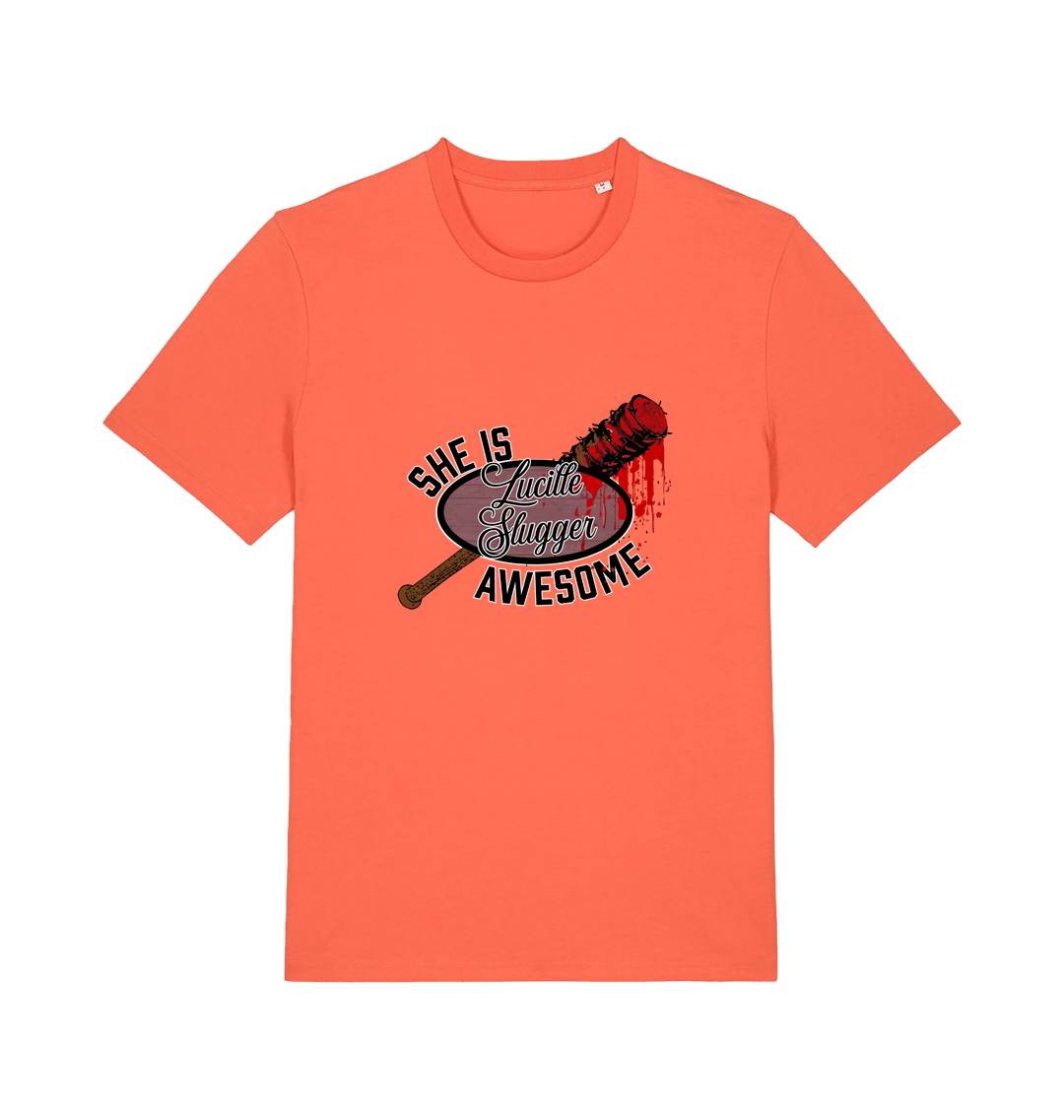 orange graphic t-shirt with a baseball bat covered in blood and the slogan 'lucille slugger she is awesome'