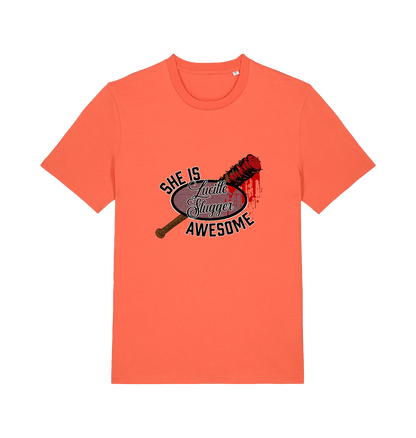 orange graphic t-shirt with a baseball bat covered in blood and the slogan 'lucille slugger she is awesome'