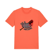 orange graphic t-shirt with a baseball bat covered in blood and the slogan 'lucille slugger she is awesome'
