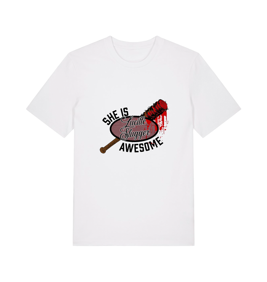 white graphic t-shirt with a baseball bat covered in blood and the slogan 'lucille slugger she is awesome'