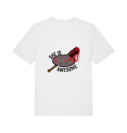 white graphic t-shirt with a baseball bat covered in blood and the slogan 'lucille slugger she is awesome'