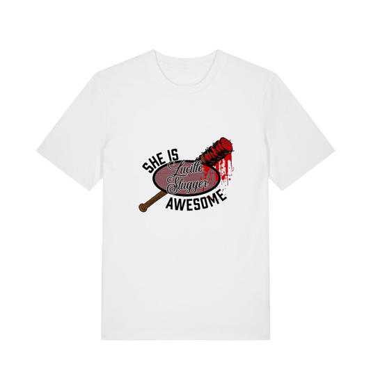 white graphic t-shirt with a baseball bat covered in blood and the slogan 'lucille slugger she is awesome'