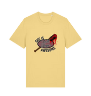 yellow graphic t-shirt with a baseball bat covered in blood and the slogan 'lucille slugger she is awesome'