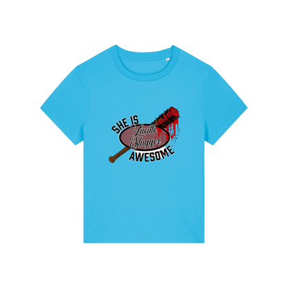 blue geek t-shirt with the graphic of a baseball bat and the slogan 'lucille slugger she is awesome'