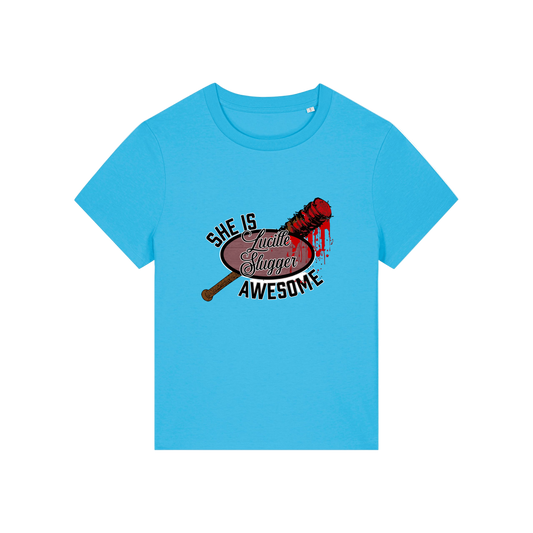 blue geek t-shirt with the graphic of a baseball bat and the slogan 'lucille slugger she is awesome'