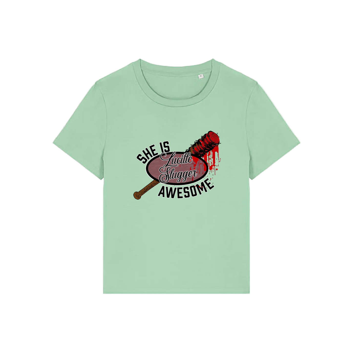 green geek t-shirt with the graphic of a baseball bat and the slogan 'lucille slugger she is awesome'