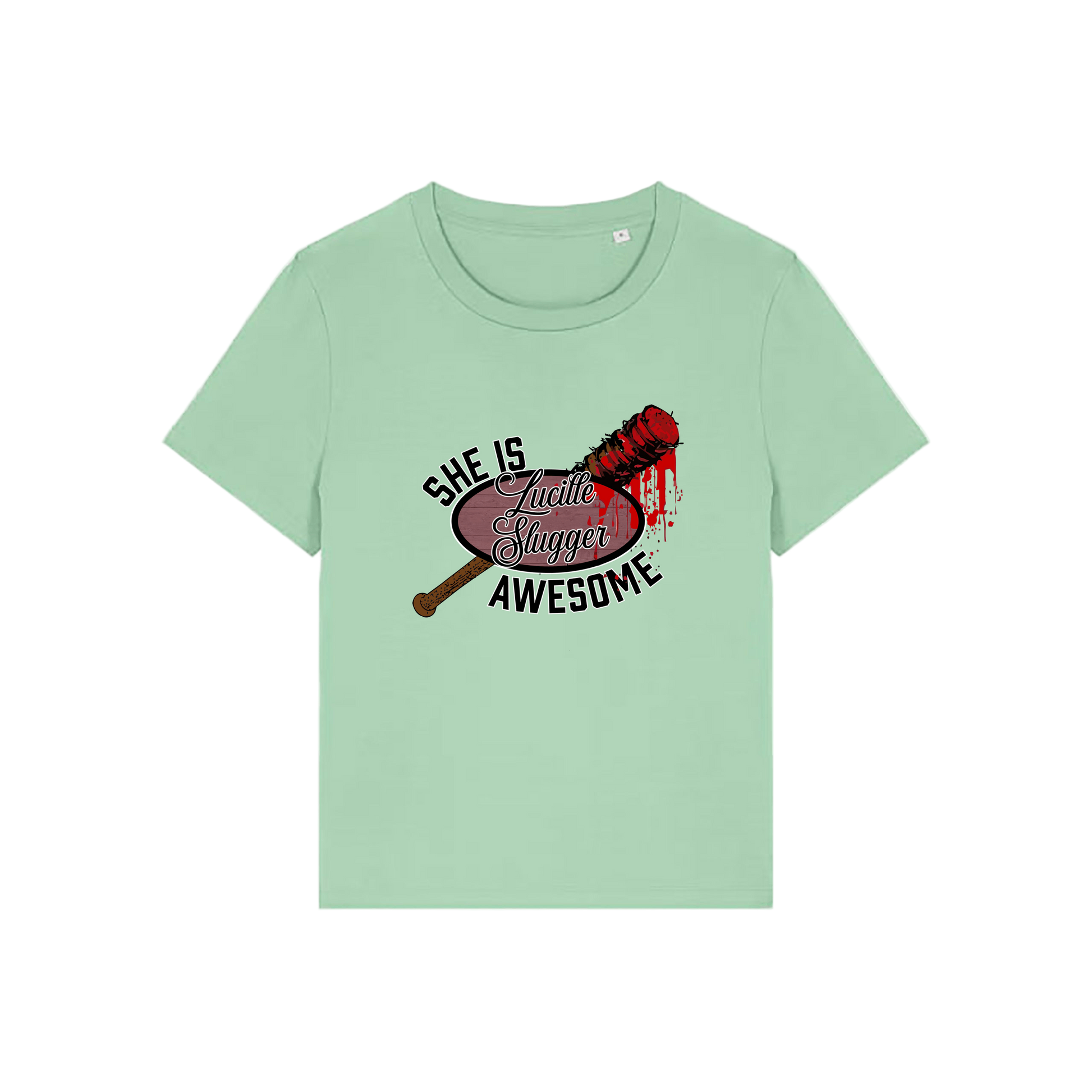 green geek t-shirt with the graphic of a baseball bat and the slogan 'lucille slugger she is awesome'