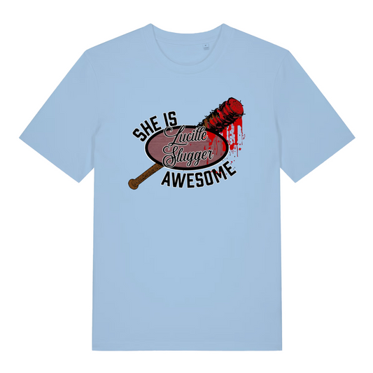 light blue women's graphic t-shirt with the graphic of a baseball bat dripping with blood and the slogan 'lucille slugger she is awesome'