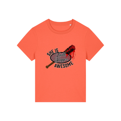 orange geek t-shirt with the graphic of a baseball bat and the slogan 'lucille slugger she is awesome'