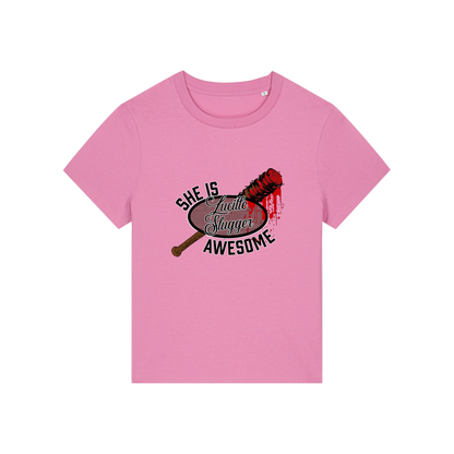 pink geek t-shirt with the graphic of a baseball bat and the slogan 'lucille slugger she is awesome'
