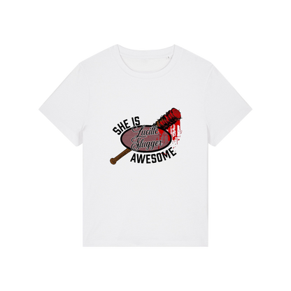 white geek t-shirt with the graphic of a baseball bat and the slogan 'lucille slugger she is awesome'