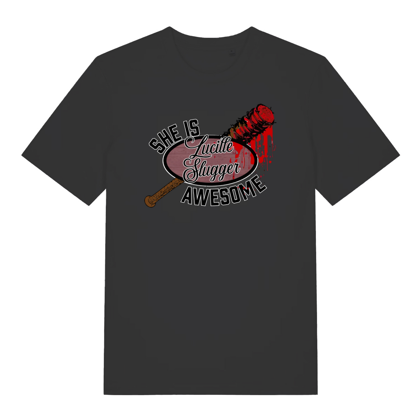 black graphic t-shirt inspired the the tv series the walking dead featuring the graphic of a baseball bat and the slogan 'lucille slugger she is awesome'