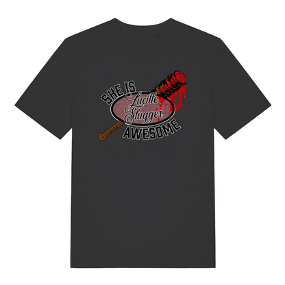 black graphic t-shirt inspired the the tv series the walking dead featuring the graphic of a baseball bat and the slogan 'lucille slugger she is awesome'