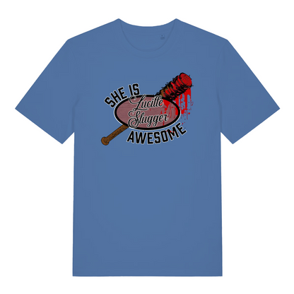 blue graphic t-shirt inspired the the tv series the walking dead featuring the graphic of a baseball bat and the slogan 'lucille slugger she is awesome'