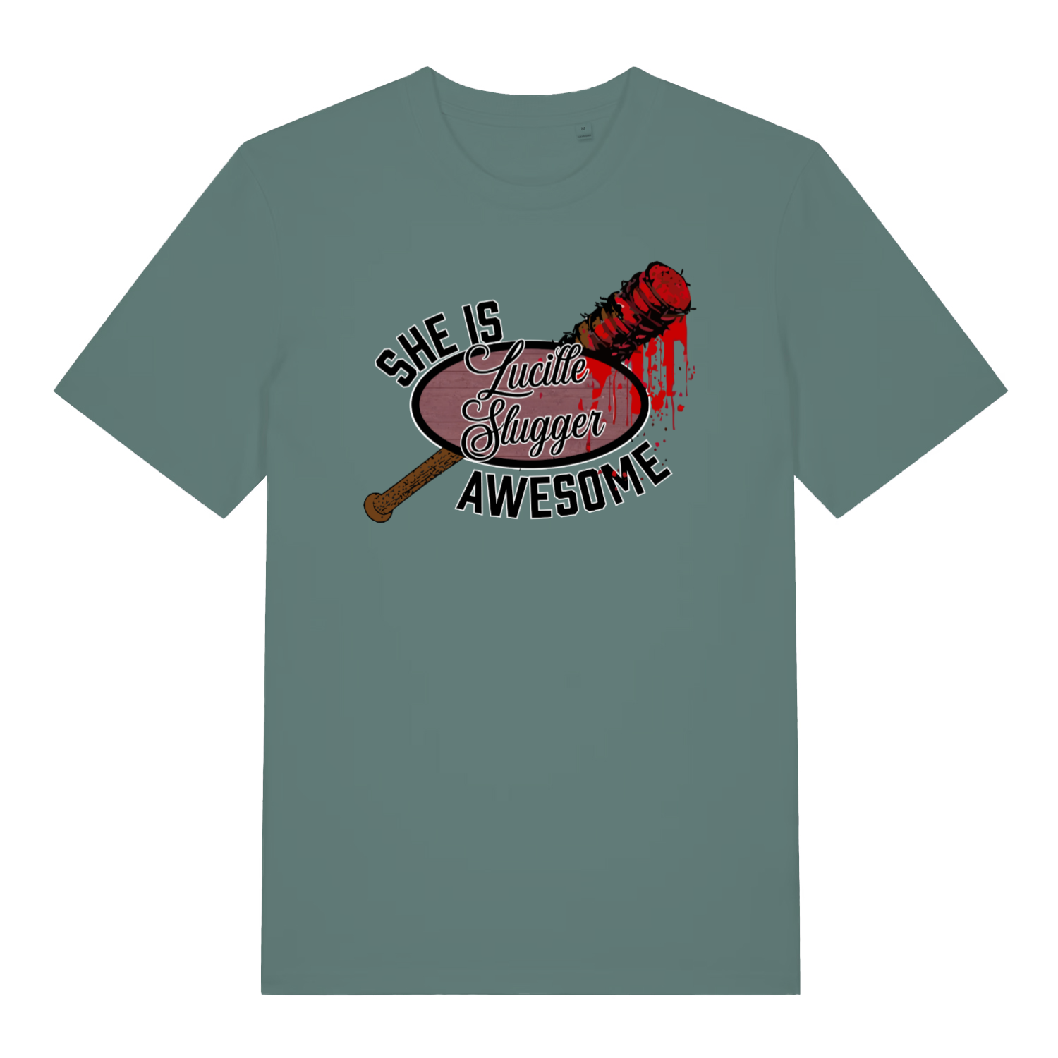 green graphic t-shirt inspired the the tv series the walking dead featuring the graphic of a baseball bat and the slogan 'lucille slugger she is awesome'