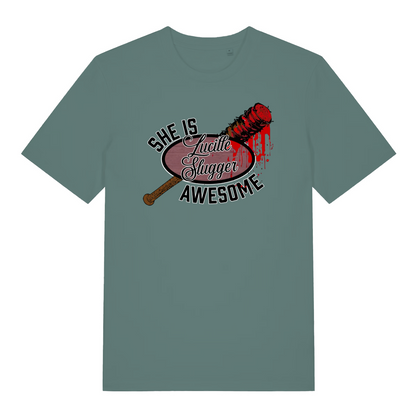 green graphic t-shirt inspired the the tv series the walking dead featuring the graphic of a baseball bat and the slogan 'lucille slugger she is awesome'