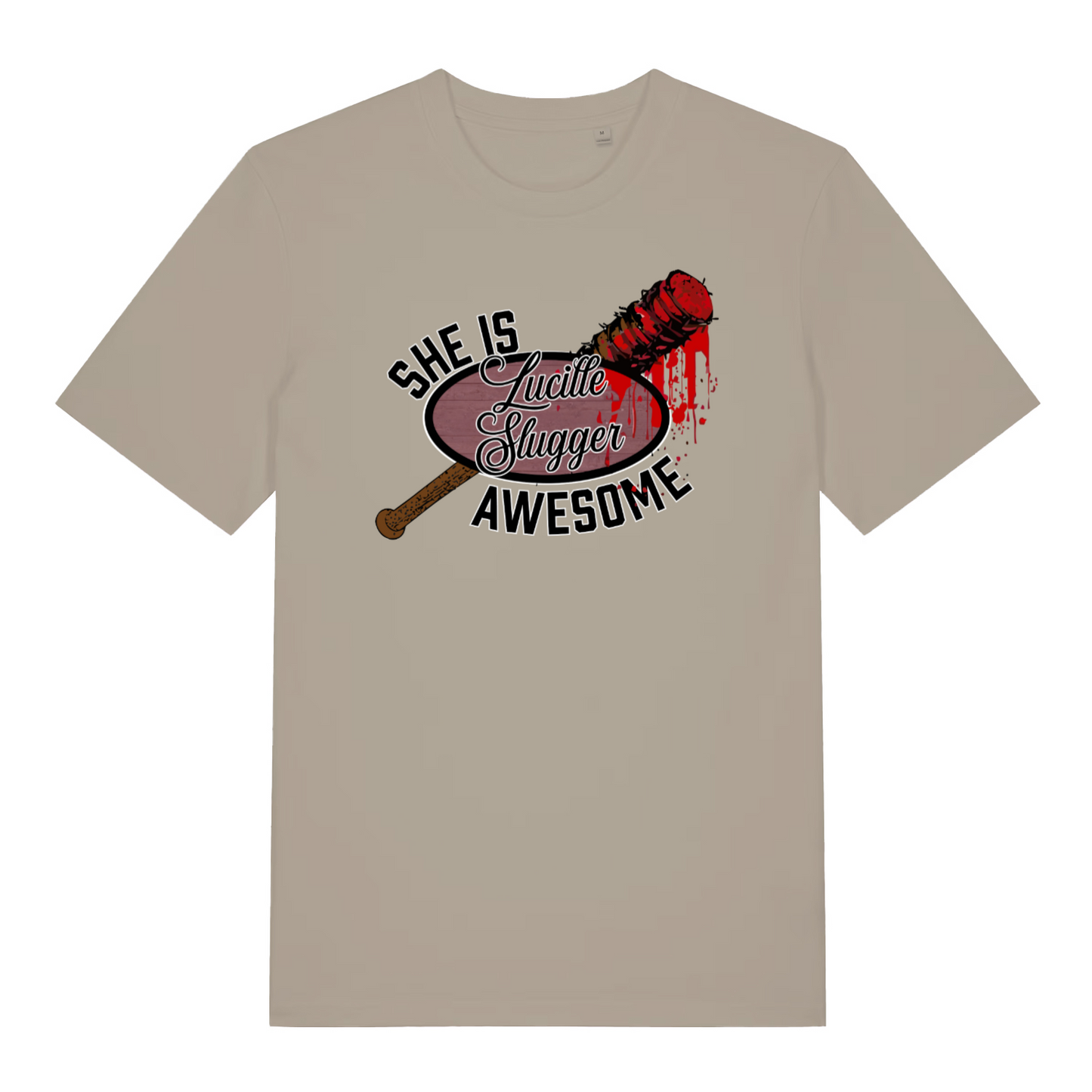 stone graphic t-shirt inspired the the tv series the walking dead featuring the graphic of a baseball bat and the slogan 'lucille slugger she is awesome'