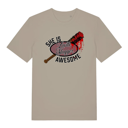 stone graphic t-shirt inspired the the tv series the walking dead featuring the graphic of a baseball bat and the slogan 'lucille slugger she is awesome'