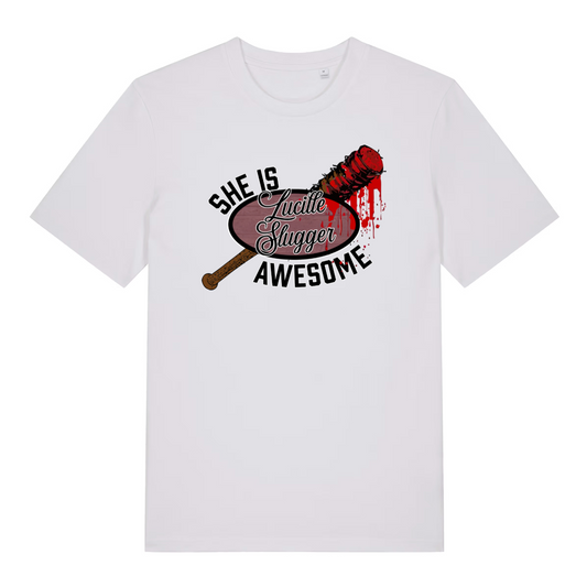 white graphic t-shirt inspired the the tv series the walking dead featuring the graphic of a baseball bat and the slogan 'lucille slugger she is awesome'