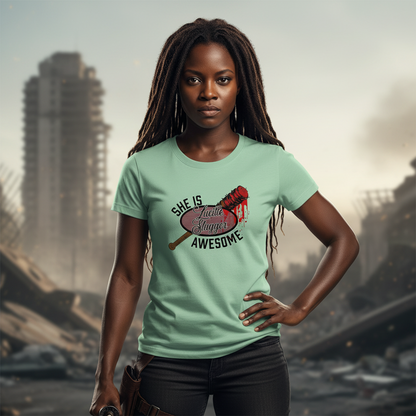 Woman wearing a light green t-shirt with a graphic design in a post-apocalyptic setting
