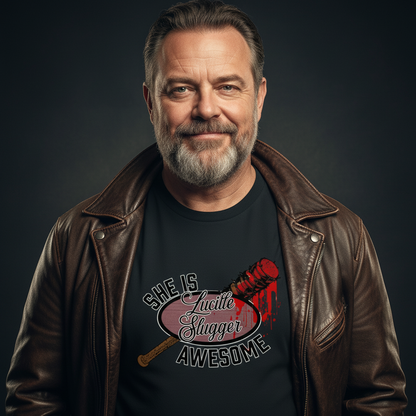 Man wearing a black t-shirt with a graphic design and brown leather jacket on a dark background