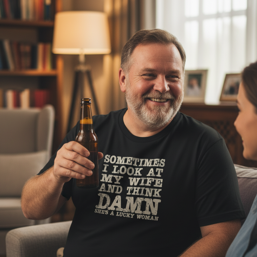 Man holding a beer bottle and wearing a humorous t-shirt in a cozy living room.