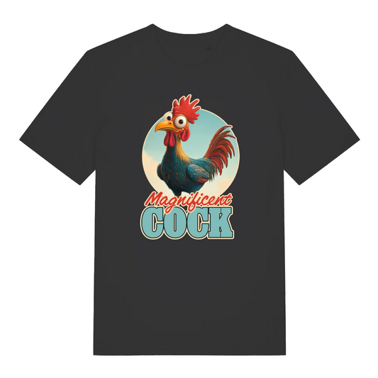 black funny offensive t-shirt with the graphic of a rooster and the slogan 'magnificent cock'