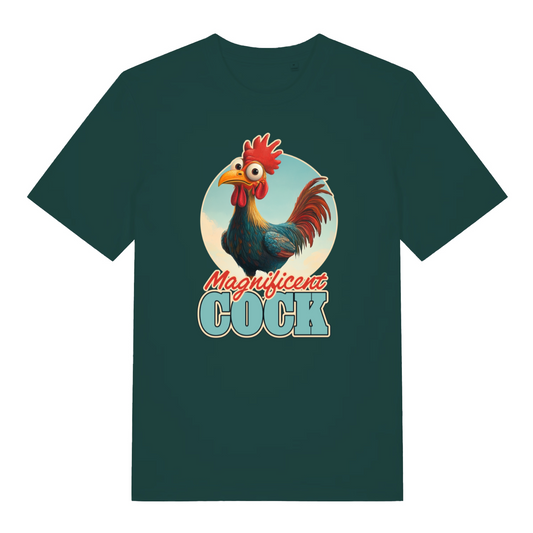 green funny offensive t-shirt with the graphic of a rooster and the slogan 'magnificent cock'