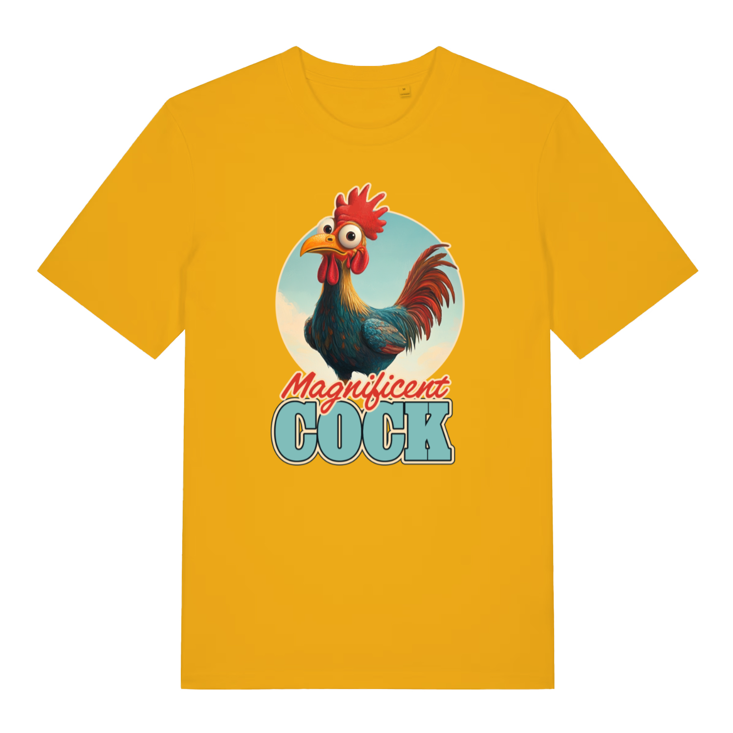 yellow funny offensive t-shirt with the graphic of a rooster and the slogan 'magnificent cock'