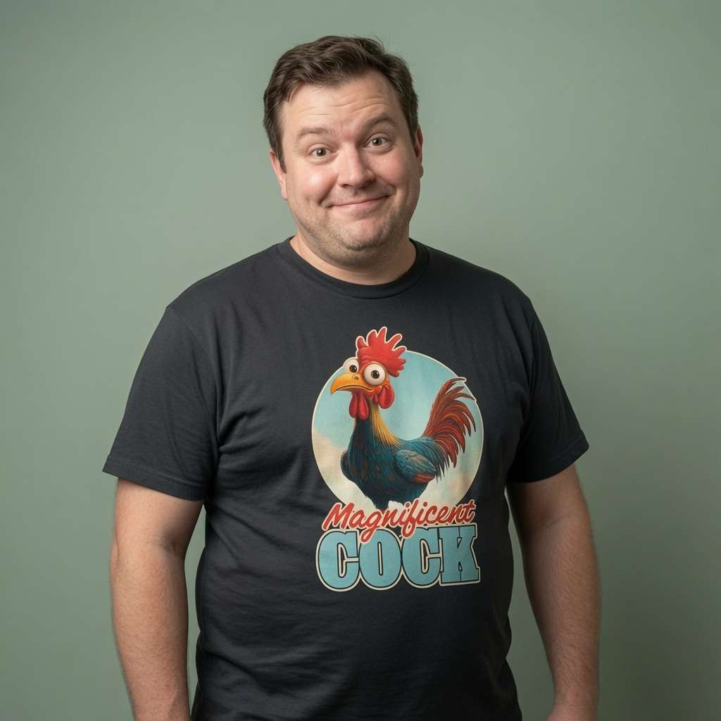 Man with slight smile looking to the side in black Magnificent Cock tee with rooster design, funny mens cockerel pun graphic