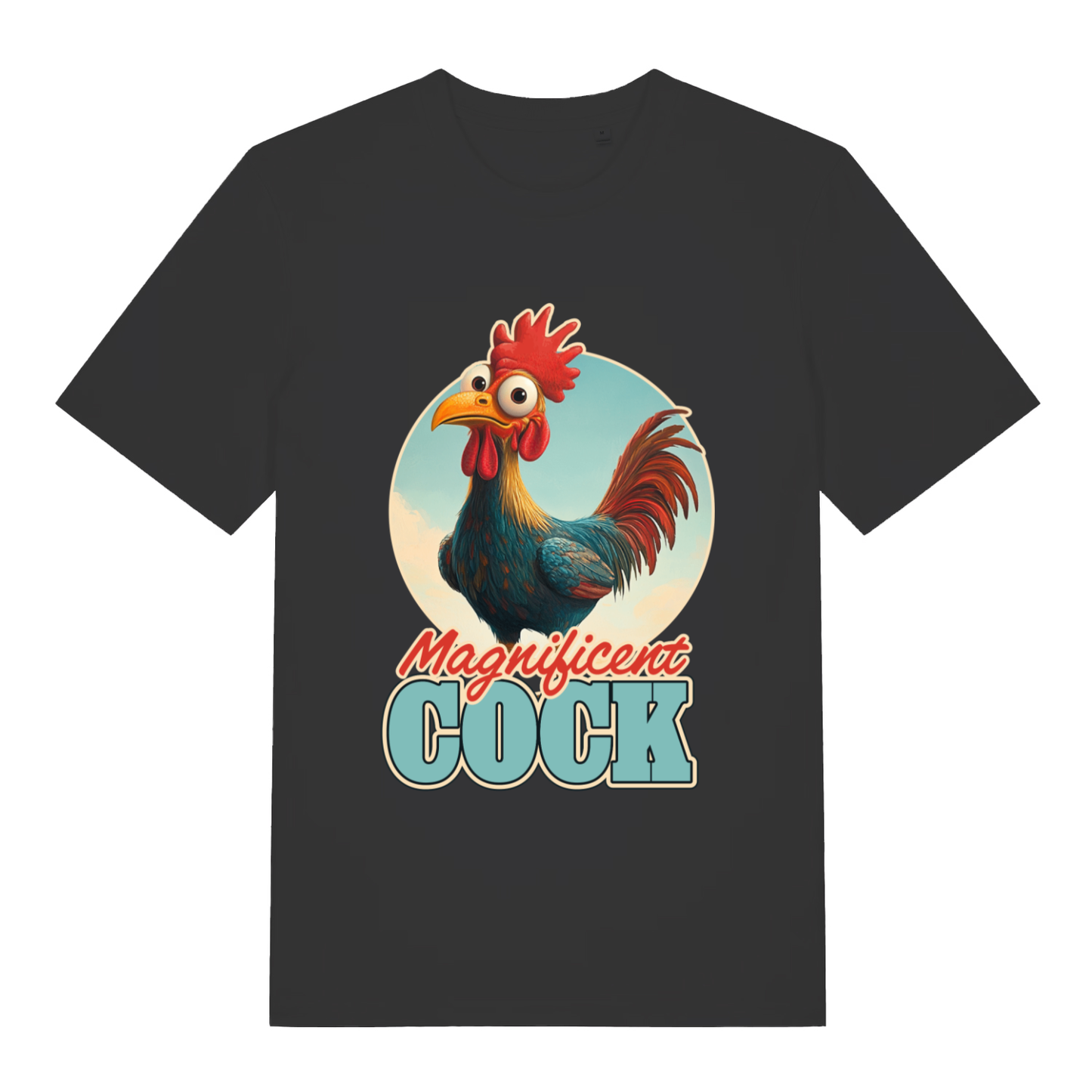 Black Magnificent Cock funny graphic t-shirt with cartoon rooster and bold “Magnificent COCK” text  