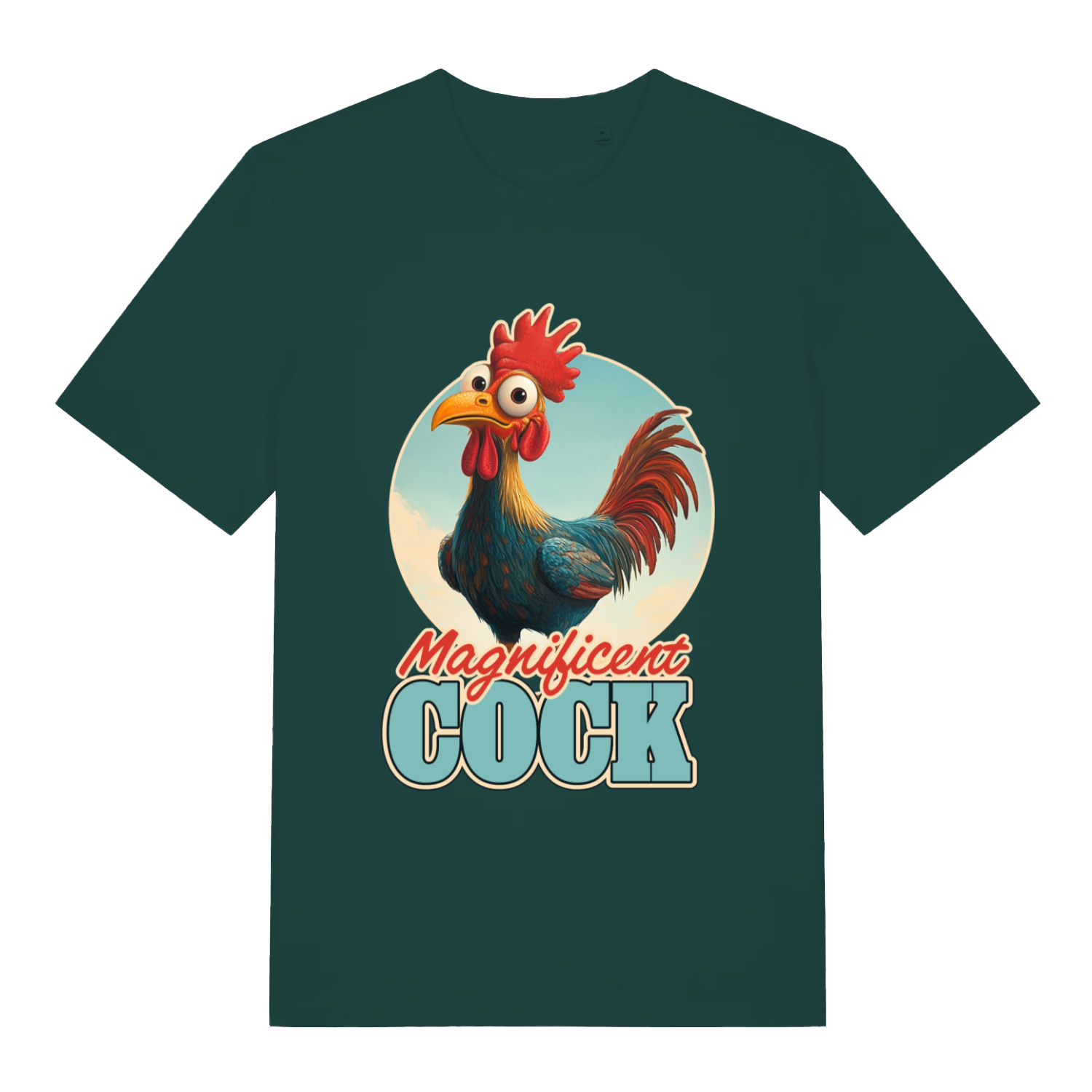 Green Magnificent Cock funny graphic t-shirt featuring colourful cartoon rooster and “Magnificent COCK” lettering  