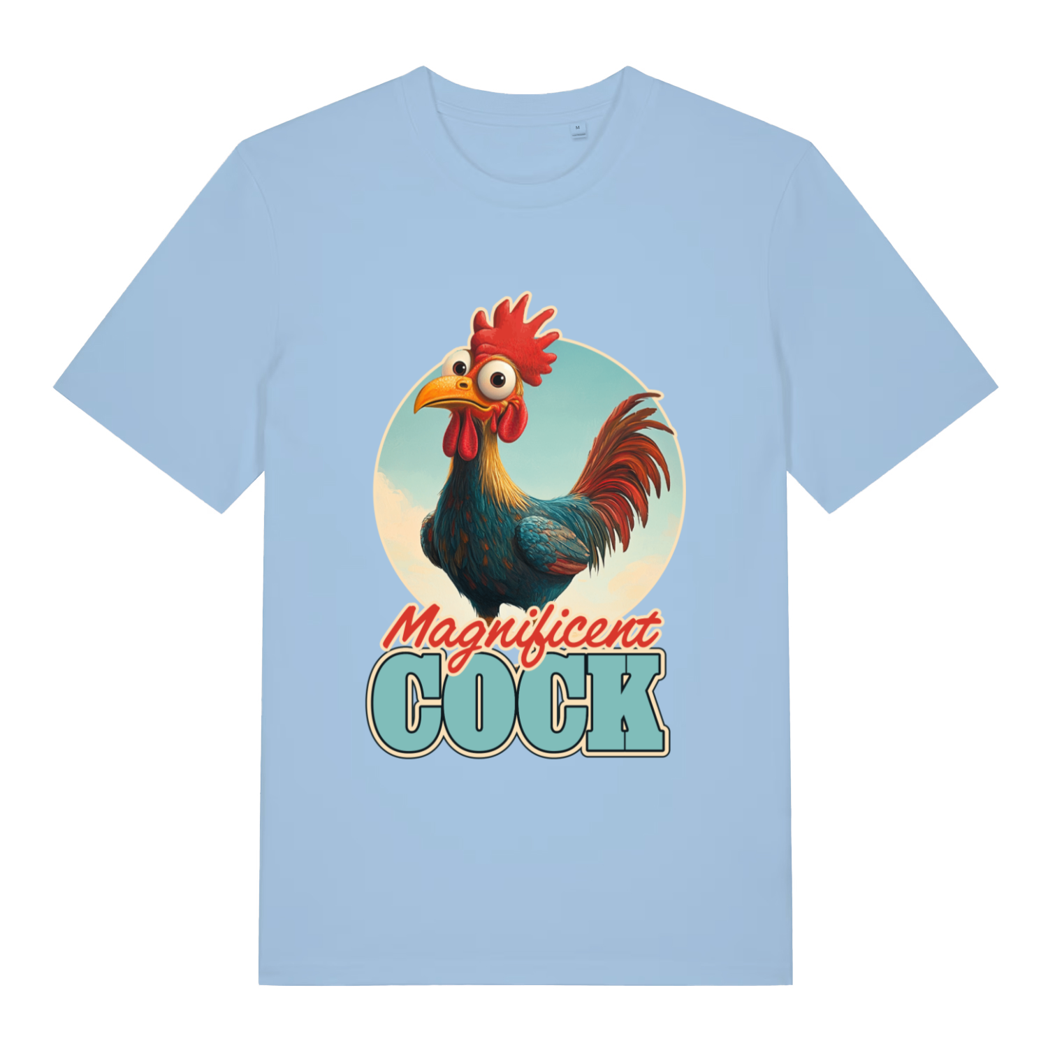 Light blue Magnificent Cock funny graphic t-shirt with sharp cartoon rooster design and “Magnificent COCK” text  
