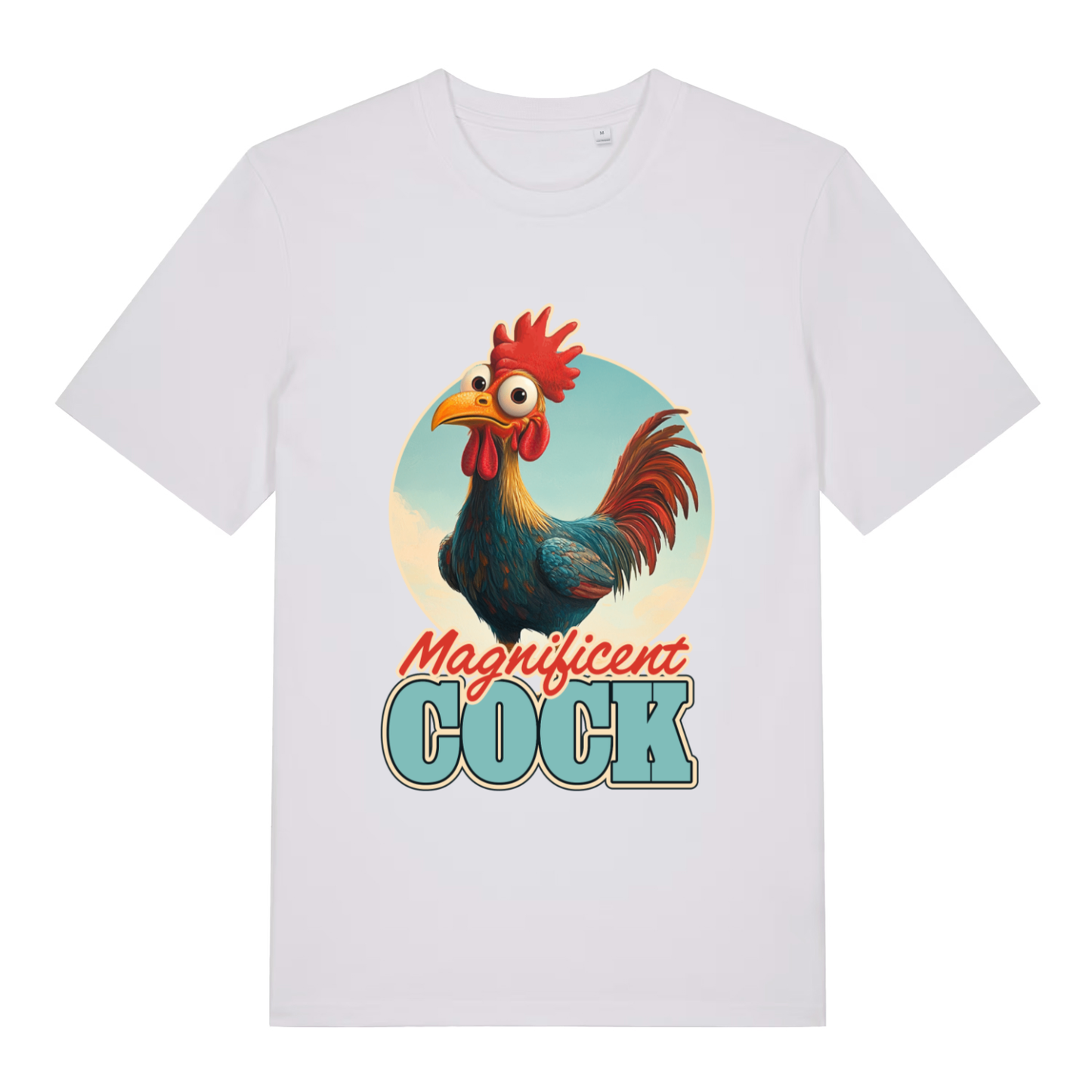White Magnificent Cock funny graphic t-shirt showing cartoon rooster and bold “Magnificent COCK” slogan  